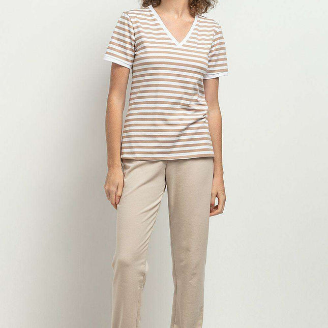 Chic Striped V-Neck Blouse with Stylish Pleats and Cuffed Sleeves