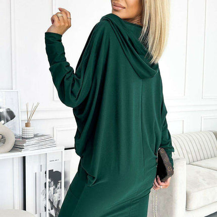 Chic Suede-Texture Hooded Green Bat Dress by Numoco