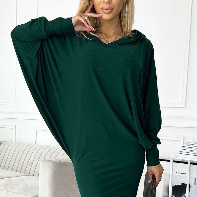 Chic Suede-Texture Hooded Green Bat Dress by Numoco