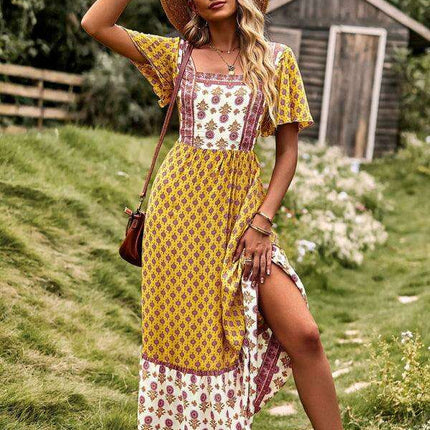 Chic Summer Bohemian Midi Dress with Square Neck - Très Elite