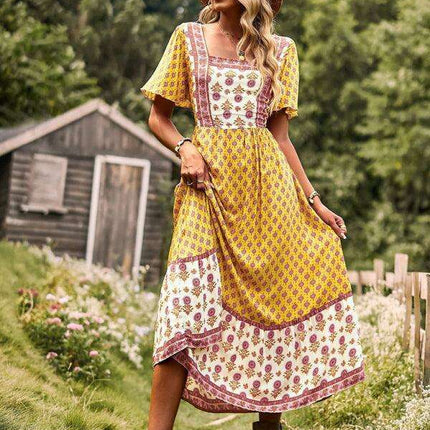 Chic Summer Bohemian Midi Dress with Square Neck