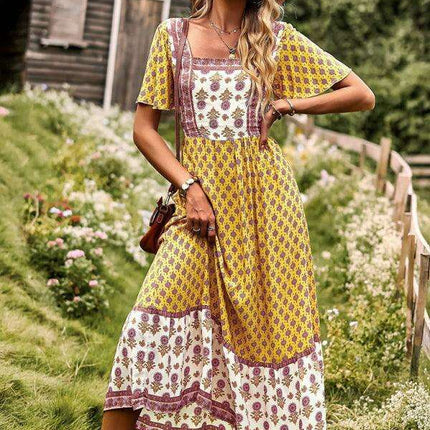 Chic Summer Bohemian Midi Dress with Square Neck - Très Elite