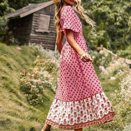 Chic Summer Bohemian Midi Dress with Square Neck - Très Elite