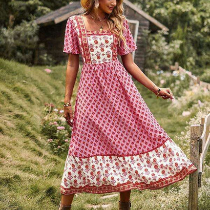 Chic Summer Bohemian Midi Dress with Square Neck - Très Elite