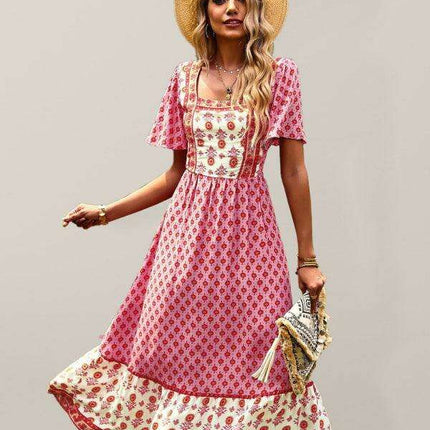 Chic Summer Bohemian Midi Dress with Square Neck