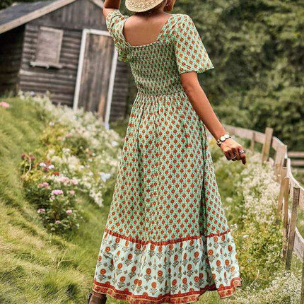 Chic Summer Bohemian Midi Dress with Square Neck - Très Elite