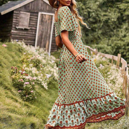 Chic Summer Bohemian Midi Dress with Square Neck - Très Elite