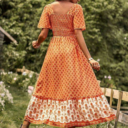 Chic Summer Bohemian Midi Dress with Square Neck - Très Elite