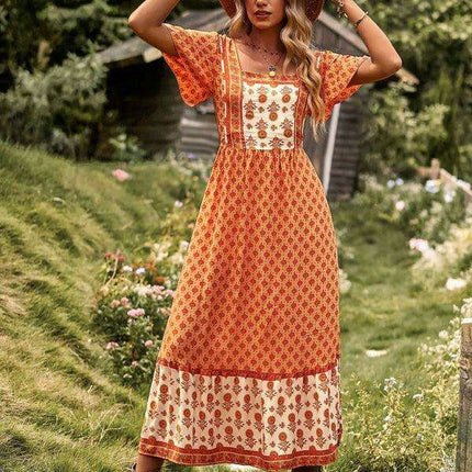 Chic Summer Bohemian Midi Dress with Square Neck - Très Elite