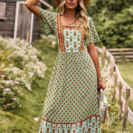 Chic Summer Bohemian Midi Dress with Square Neck