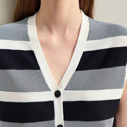 Chic Summer Sleeveless V-Neck Wool Cardigan with Vibrant Striped Accents - Très Elite