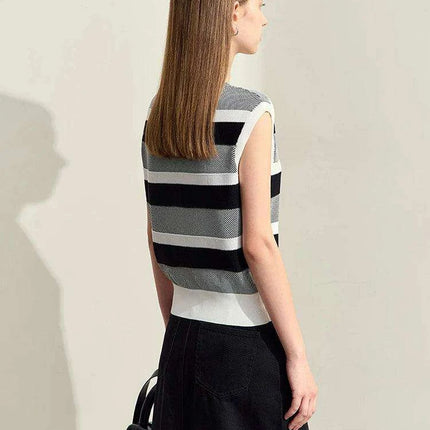 Chic Summer Sleeveless V-Neck Wool Cardigan with Vibrant Striped Accents - Très Elite
