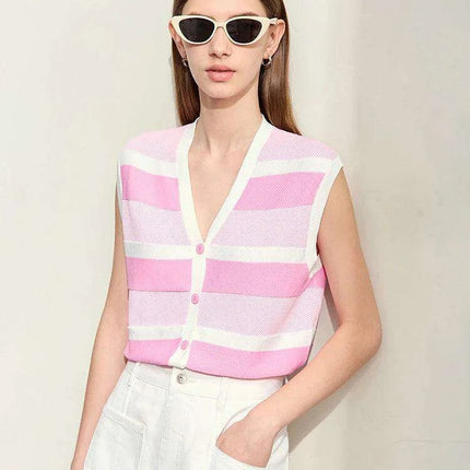 Chic Summer Sleeveless V-Neck Wool Cardigan with Vibrant Striped Accents - Très Elite