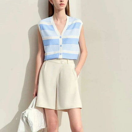 Chic Summer Sleeveless V-Neck Wool Cardigan with Vibrant Striped Accents - Très Elite
