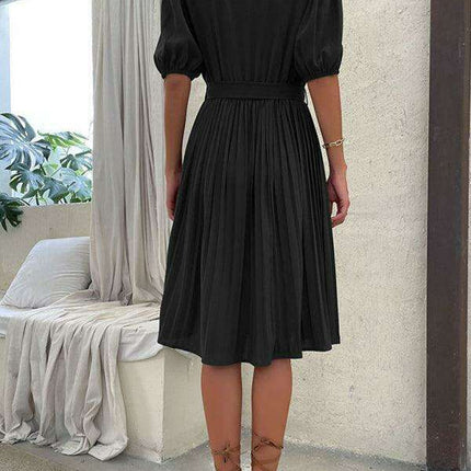 Chic Tie-Detail Pleated V-Neck Dress - Elegant Women's Fashion - Très Elite