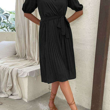 Chic Tie-Detail Pleated V-Neck Dress - Elegant Women's Fashion - Très Elite
