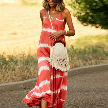 Chic Tie-Dye Striped Swing Dress with Stylish Suspenders and Flattering Silhouette - Très Elite