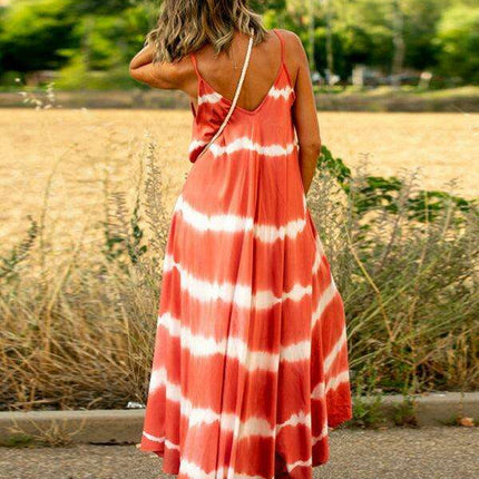 Chic Tie-Dye Striped Swing Dress with Stylish Suspenders and Flattering Silhouette - Très Elite