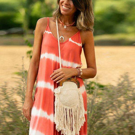 Chic Tie-Dye Striped Swing Dress with Stylish Suspenders and Flattering Silhouette - Très Elite