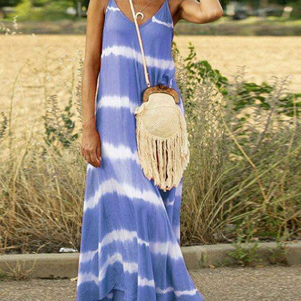Chic Tie-Dye Striped Swing Dress with Stylish Suspenders and Flattering Silhouette - Très Elite
