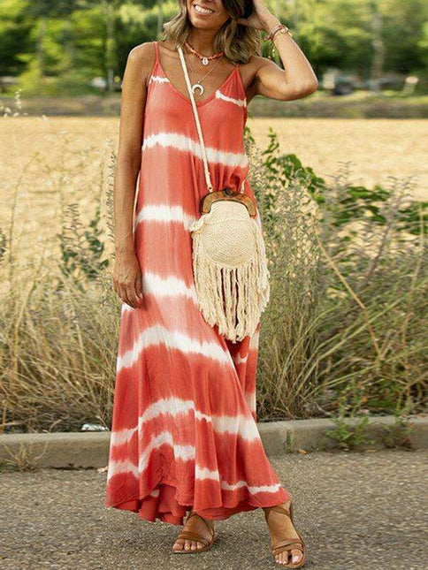 Chic Tie-Dye Striped Swing Dress with Stylish Suspenders and Flattering Silhouette