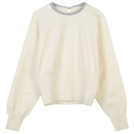 Chic Two-Tone Knit Pullover Sweater for Women - Cozy Round Neck Top for Cold Weather Style