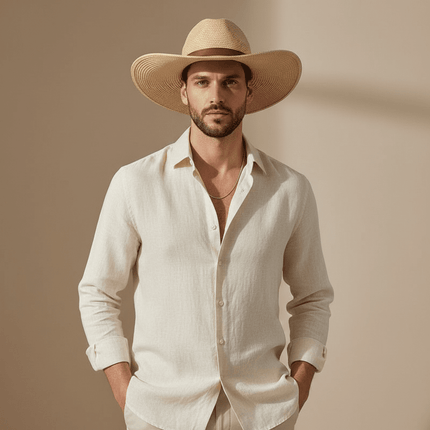 Chic Unisex Wide Brimmed Cowboy Hat in Natural Paper - Perfect Summer Panama Sun Cap for Beach and Outdoor Adventures - Très Elite