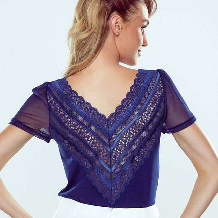 Chic V-Neck Blouse with Lace and Tulle Detailing by Eldar - Très Elite