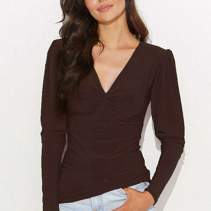Chic V-Neck Blouse with Metal Plate Accent for Fashion-Forward Women