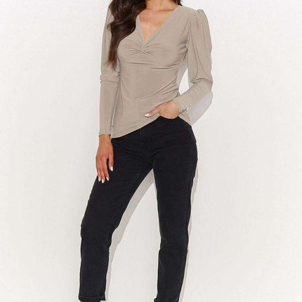 Chic V-Neck Blouse with Metal Plate Accent for Fashion-Forward Women - Très Elite