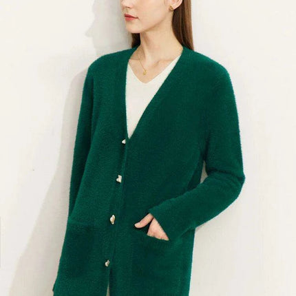 Chic V-Neck Button-Embellished Winter Cardigan for Women - Cozy Loose Fit Knit Top - Très Elite