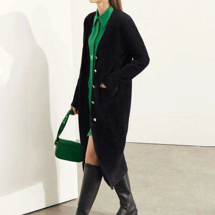 Chic V-Neck Button-Embellished Winter Cardigan for Women - Cozy Loose Fit Knit Top