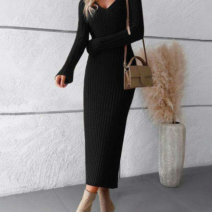 Chic V-Neck Knit Dress for Effortless Autumn-Winter Elegance - Très Elite