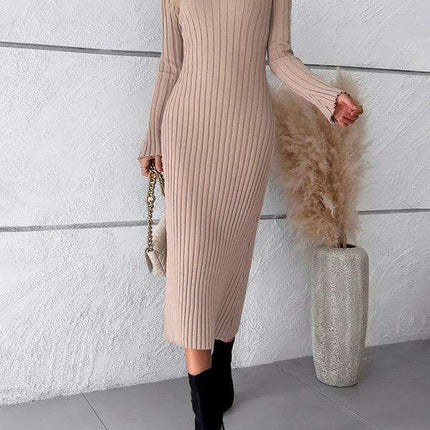 Chic V-Neck Knit Dress for Effortless Autumn-Winter Elegance
