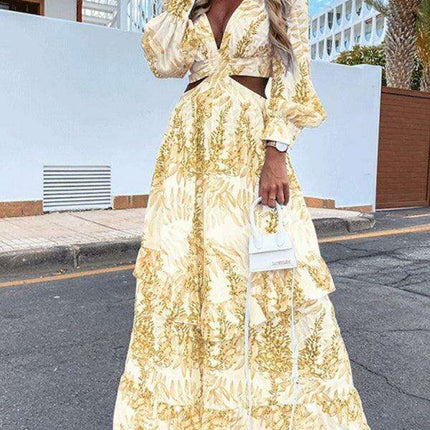 Chic V-Neck Long-Sleeve Dress with Festive Print - Très Elite
