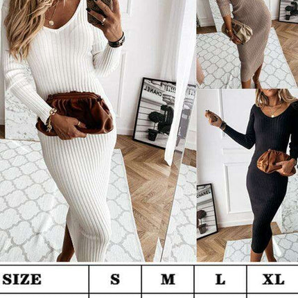 Chic V-Neck Long Sleeve Polyester Dress for Autumn and Winter - Très Elite