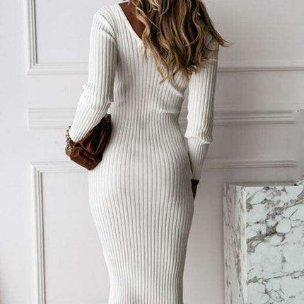 Chic V-Neck Long Sleeve Polyester Dress for Autumn and Winter - Très Elite