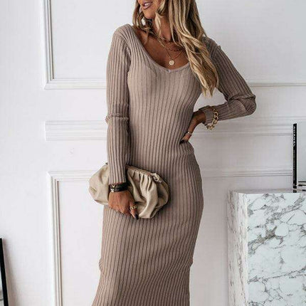 Chic V-Neck Long Sleeve Polyester Dress for Autumn and Winter - Très Elite