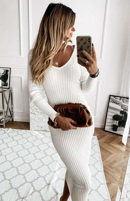 Chic V-Neck Long Sleeve Polyester Dress for Autumn and Winter