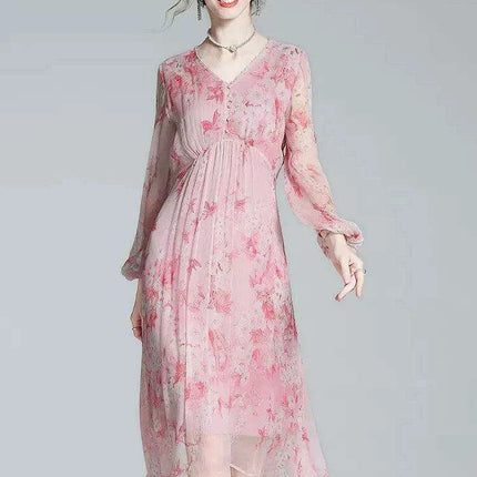 Chic V-Neck Puff Sleeve Mulberry Silk Dress with French Floral Print - Très Elite