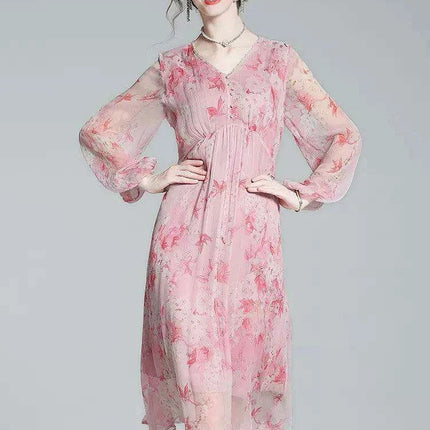 Chic V-Neck Puff Sleeve Mulberry Silk Dress with French Floral Print - Très Elite