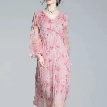 Chic V-Neck Puff Sleeve Mulberry Silk Dress with French Floral Print - Très Elite
