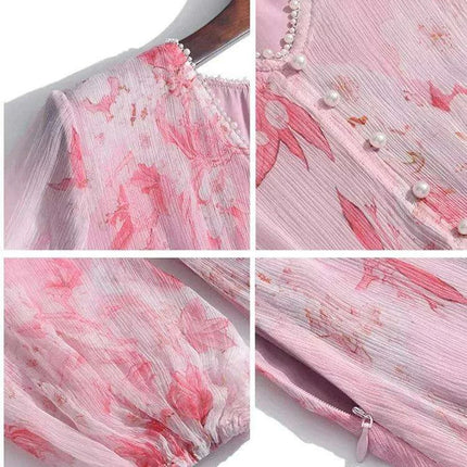 Chic V-Neck Puff Sleeve Mulberry Silk Dress with French Floral Print - Très Elite
