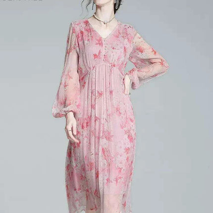 Chic V-Neck Puff Sleeve Mulberry Silk Dress with French Floral Print - Très Elite