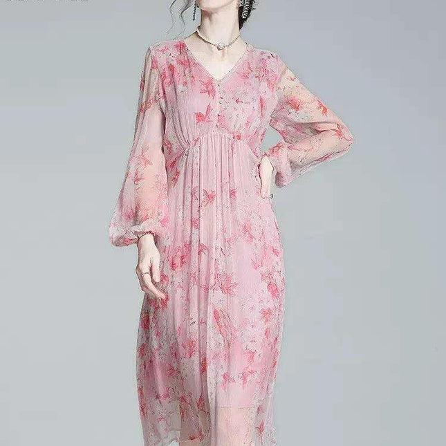 Chic V-Neck Puff Sleeve Mulberry Silk Dress with French Floral Print