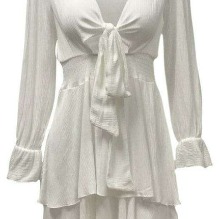 Chic V-Neck Ruffle Knot Mini Dress for Trendsetting Ladies - Très Elite
