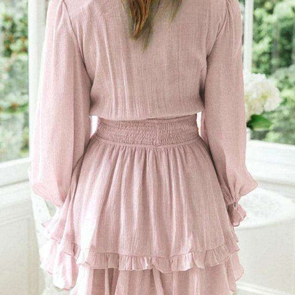 Chic V-Neck Ruffle Knot Mini Dress for Trendsetting Ladies - Très Elite