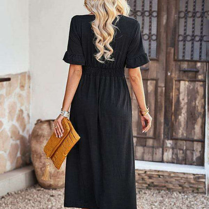 Chic V-Neck Ruffled Skirt: A Harmonious Fusion of Elegance and Comfort - Très Elite