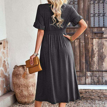 Chic V-Neck Ruffled Skirt: A Harmonious Fusion of Elegance and Comfort - Très Elite