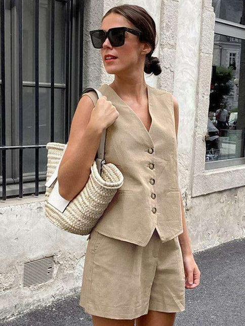Chic V-Neck Sleeveless Top and Shorts Combo - Très Elite